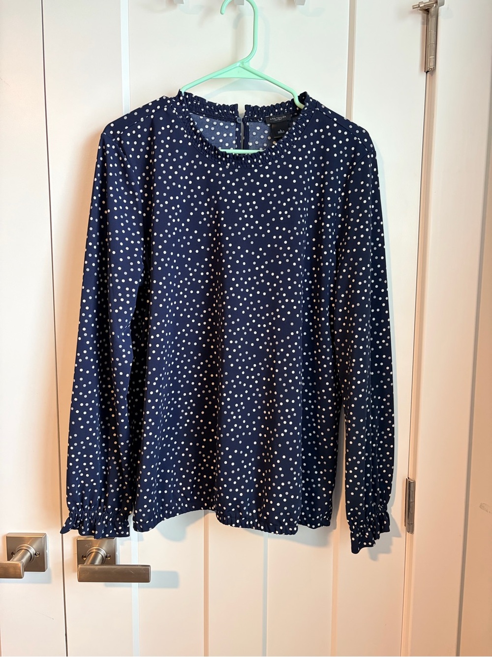 Ann Taylor Navy and White Polka Dot Long-Sleeve Blouse